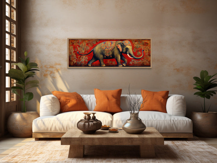 Indian Elephant Traditional Panoramic Wall Art "Majestic Elephant Parade" in  indian room