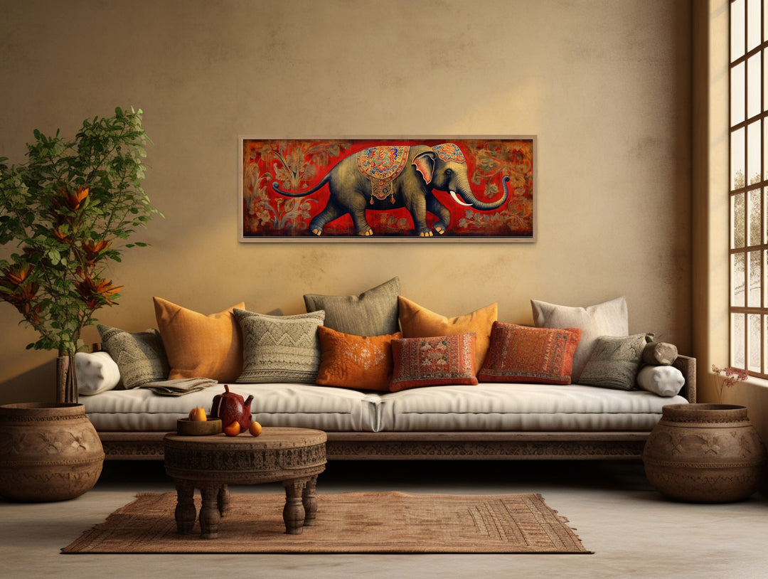 Indian Elephant Traditional Panoramic Wall Art "Majestic Elephant Parade"over beige couch with indian pillows