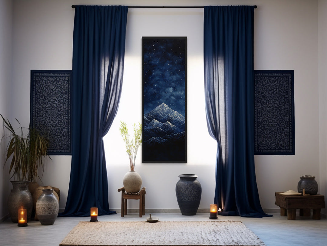 Tall Narrow Navy Blue Starry Night Over Mountains Vertical Framed Canvas Wall Art in living room