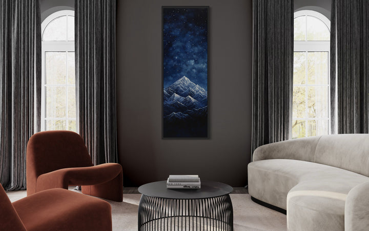 Tall Narrow Navy Blue Starry Night Over Mountains Vertical Framed Canvas Wall Art in living room