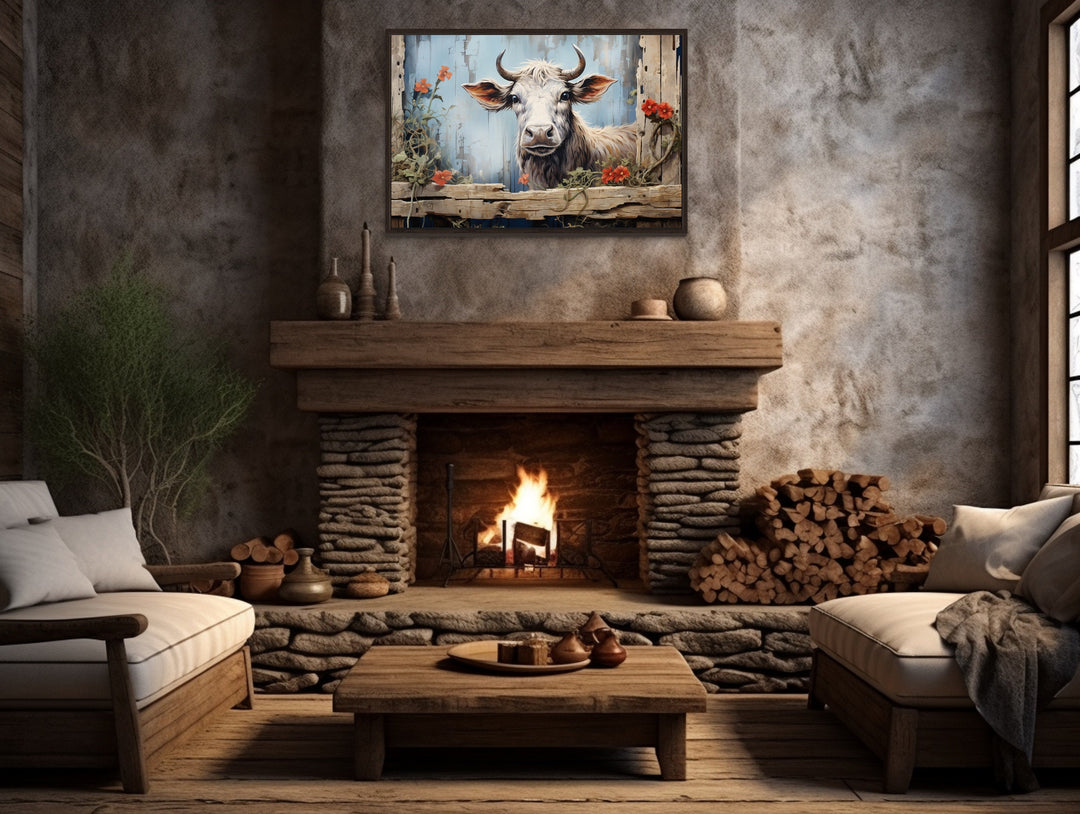 Cute Farm Cow Rustic Painting on Wood Framed Canvas Wall Art above fireplace