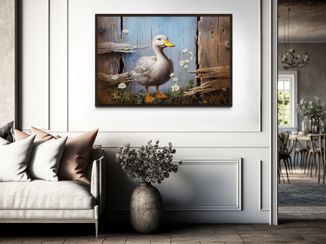 Cute Farm Duck Rustic Painting on Wood Framed Canvas Wall Art