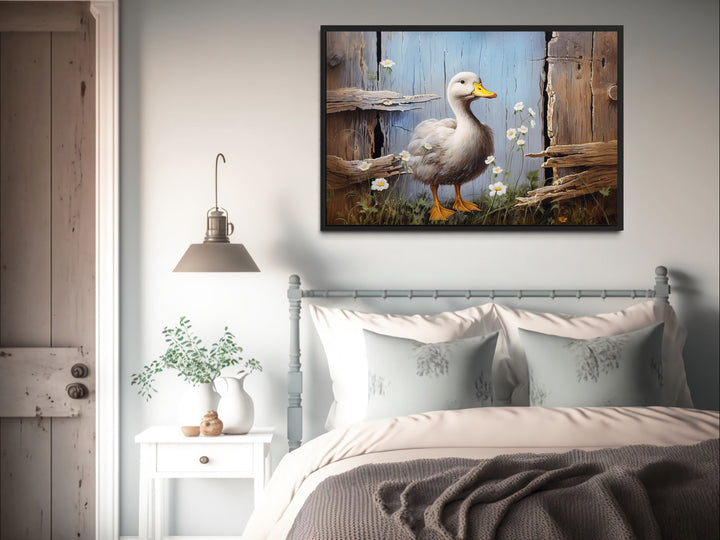 Cute Farm Duck Rustic Painting on Wood Framed Canvas Wall Art above farmhouse bed