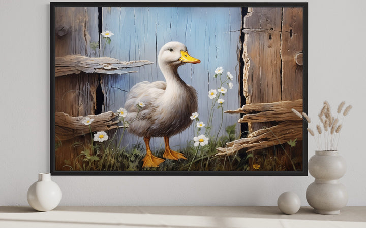 Cute Farm Duck Rustic Painting on Wood Framed Canvas Wall Art close up