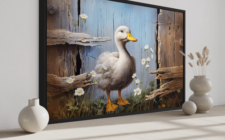 Cute Farm Duck Rustic Painting on Wood Framed Canvas Wall Art side view