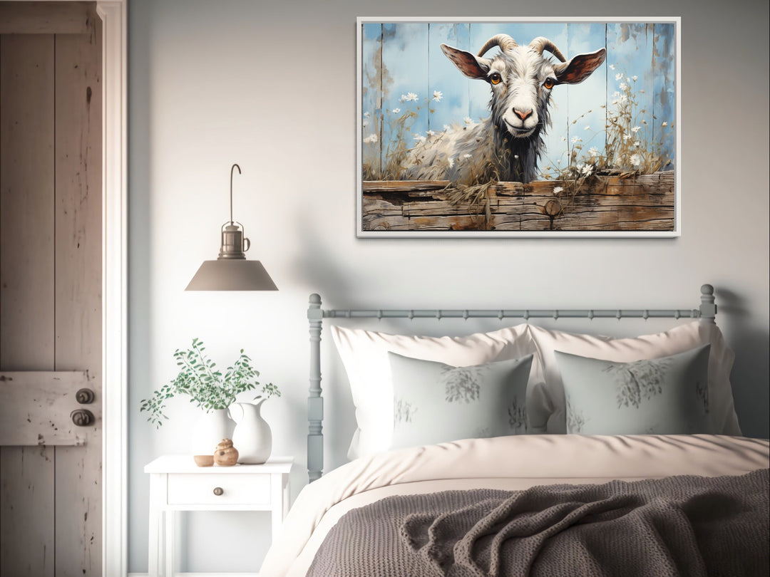 Cute Farm Goat Rustic Painting on Wood Framed Canvas Wall Art above rustic bed