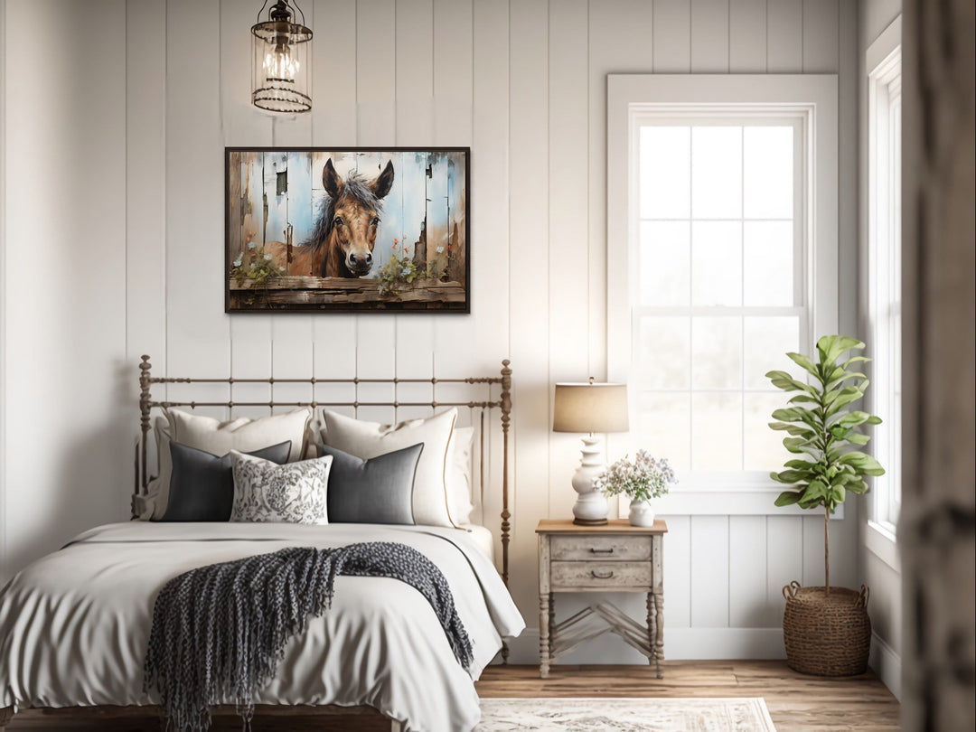 Farm Horse Rustic Painting on Wood Effect Canvas Wall Art above rustic bed