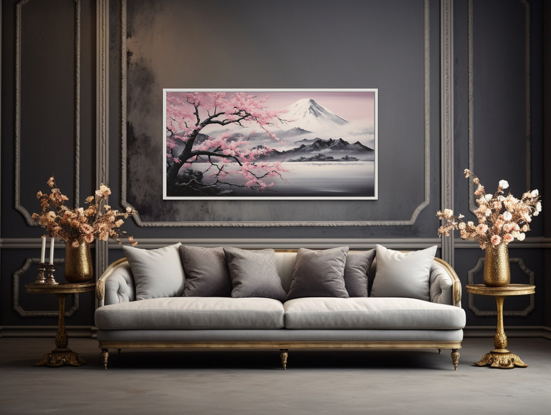 Mount Fuji And Pink Cherry Blossom Landscape Framed Canvas Wall Art in living room