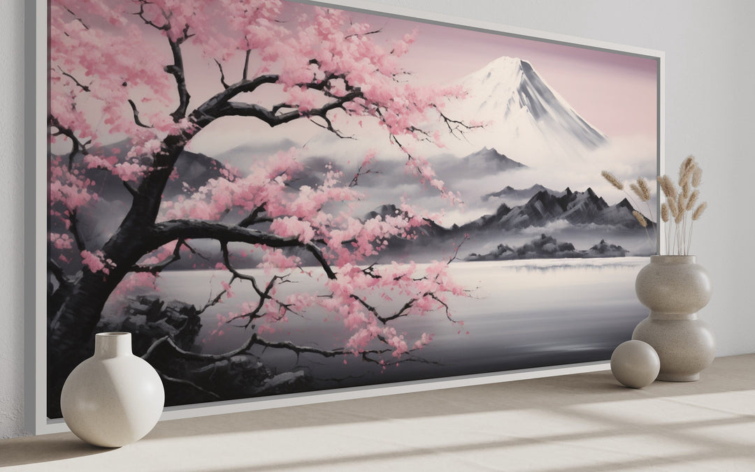 Mount Fuji And Pink Cherry Blossom Landscape Framed Canvas Wall Art side view