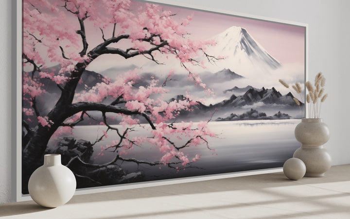 Mount Fuji And Pink Cherry Blossom Landscape Framed Canvas Wall Art side view