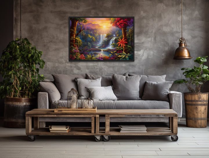 Colorful Tropical Rainforest Waterfall And Flowers Framed Canvas Wall Art above grey couch