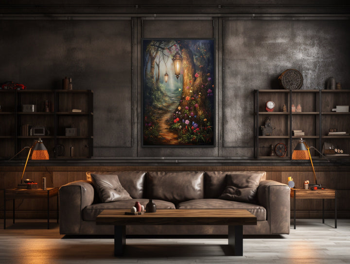 Enchanted Mystical Forest And Lighted Path Framed Canvas Wall Art in dark living room