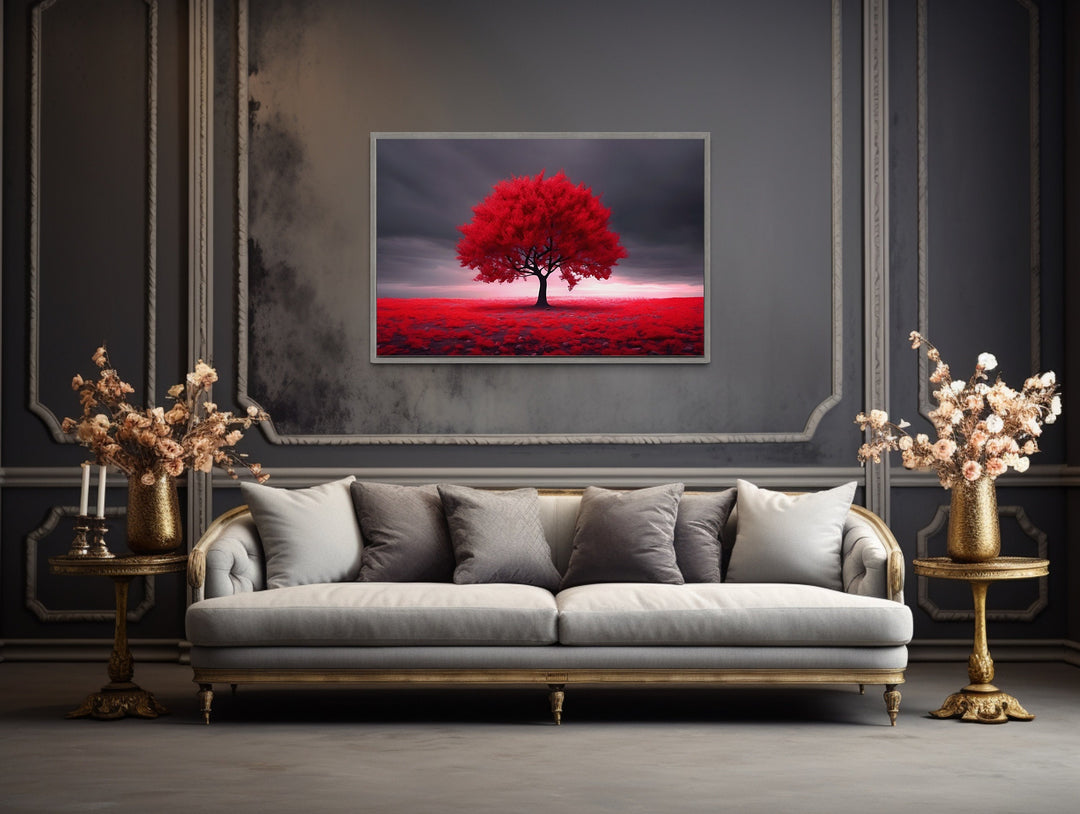 Red Tree On Black Background Framed Canvas Red Accent Wall Art in living room