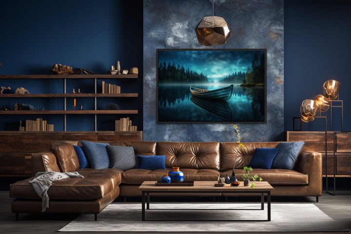 Boat in The Lake Under Starry Night Framed Canvas Wall Art in man cave