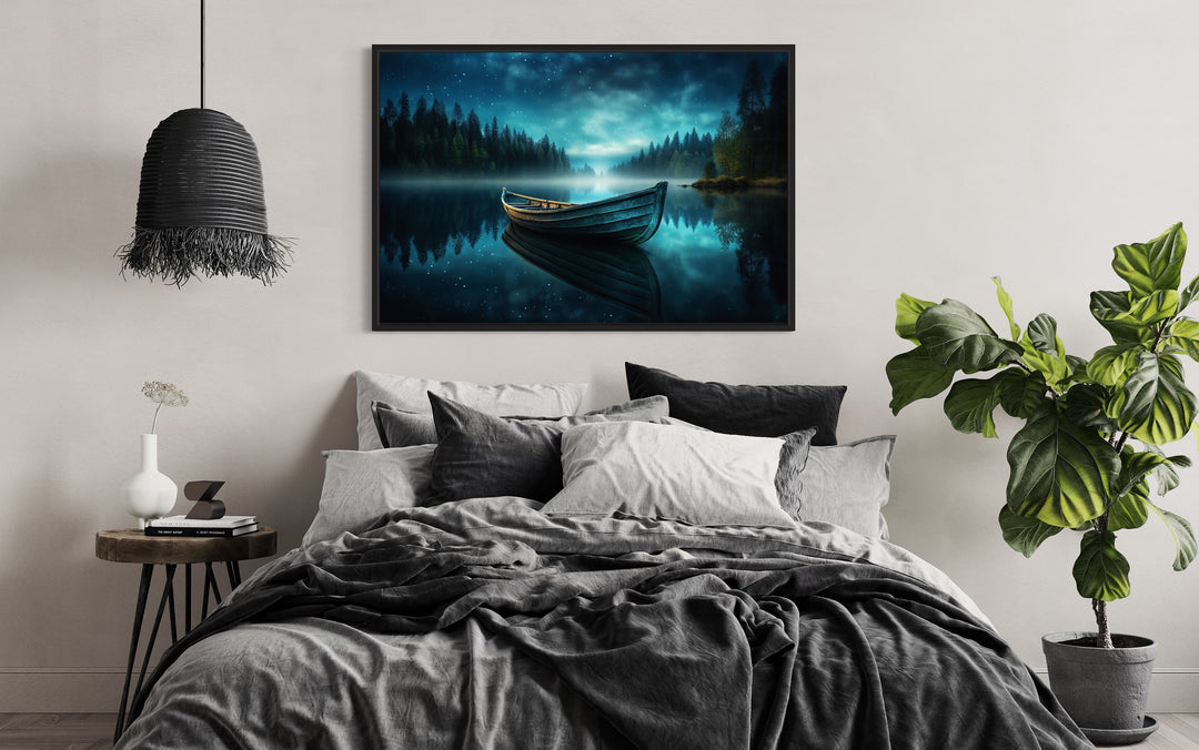 Boat in The Lake Under Starry Night Framed Canvas Wall Art in bedroom