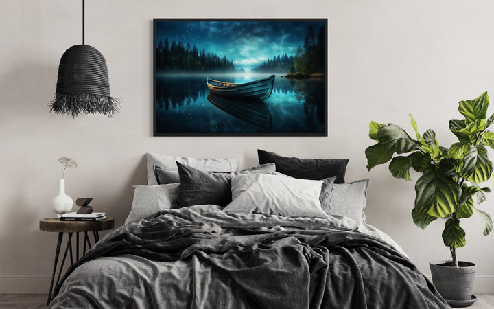 Boat in The Lake Under Starry Night Framed Canvas Wall Art in bedroom