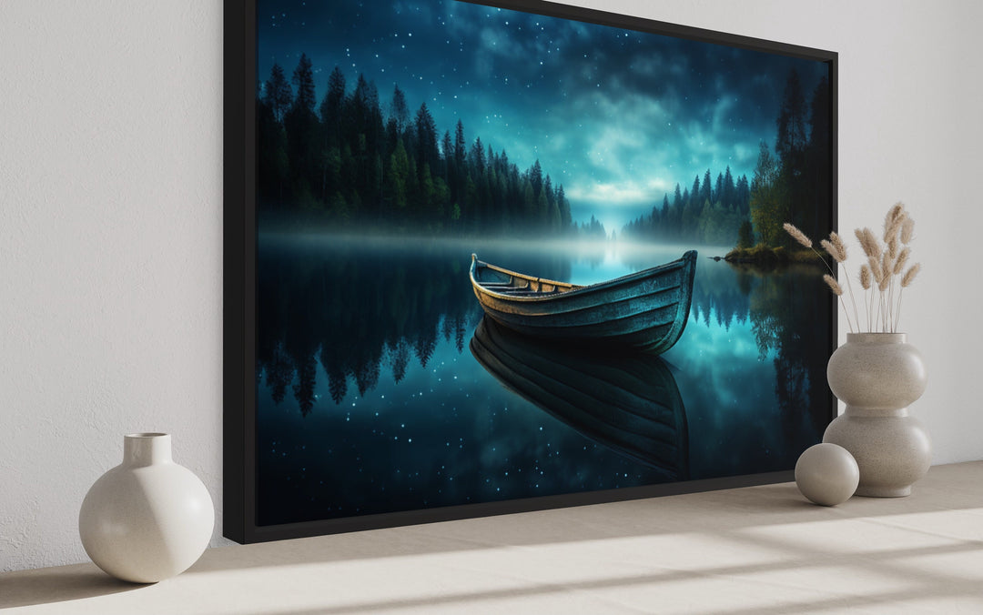 Boat in The Lake Under Starry Night Framed Canvas Wall Art side view