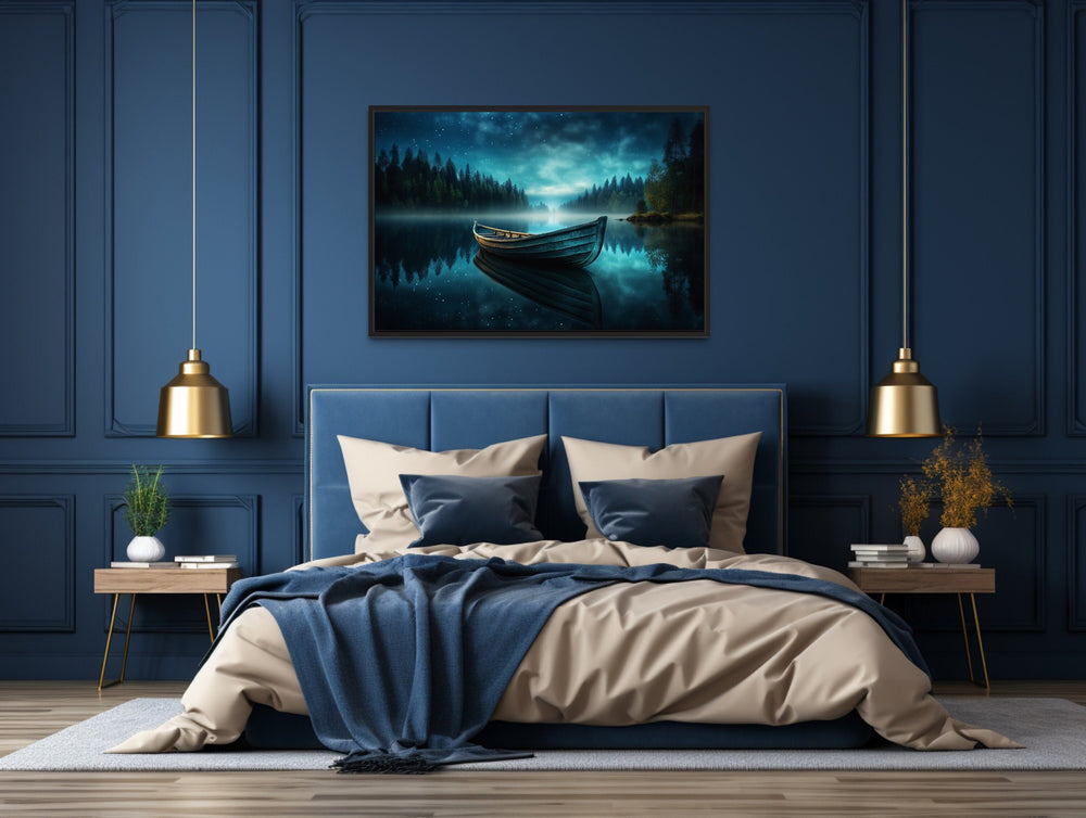 Boat in The Lake Under Starry Night Framed Canvas Wall Art above bed