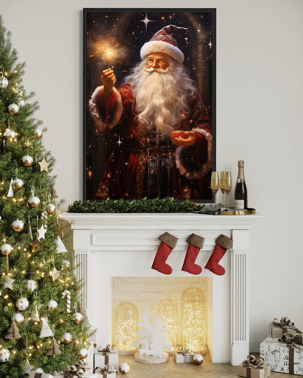 Santa Lighting Sparklers Christmas Framed Canvas Wall Art above mantel