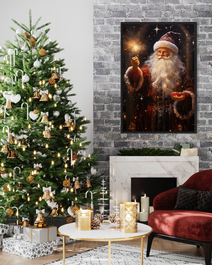 Santa Lighting Sparklers Christmas Framed Canvas Wall Art above christmas mantel