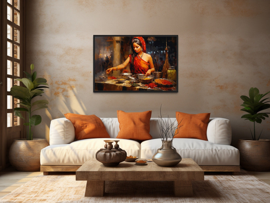 Indian Woman At Market Painting Indian Canvas Wall Art "Spice Bazaar" over beige indian couch