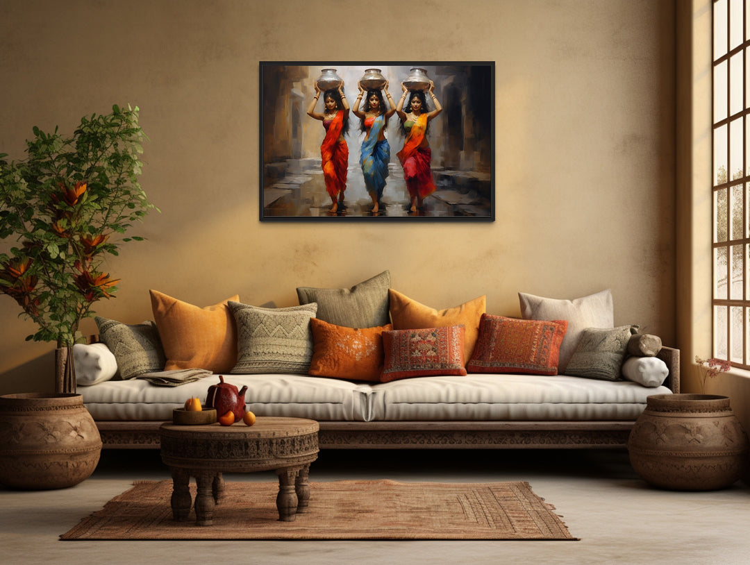 Indian Women Head Carrying Painting Indian Wall Art "Harmony in Motion" above white couch