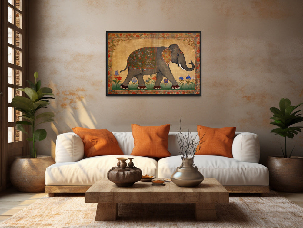 Indian Elephant Traditional Wall Art over beige couch
