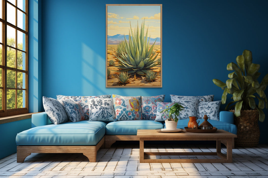 Agave In The Desert Framed Canvas Wall Art in blue room