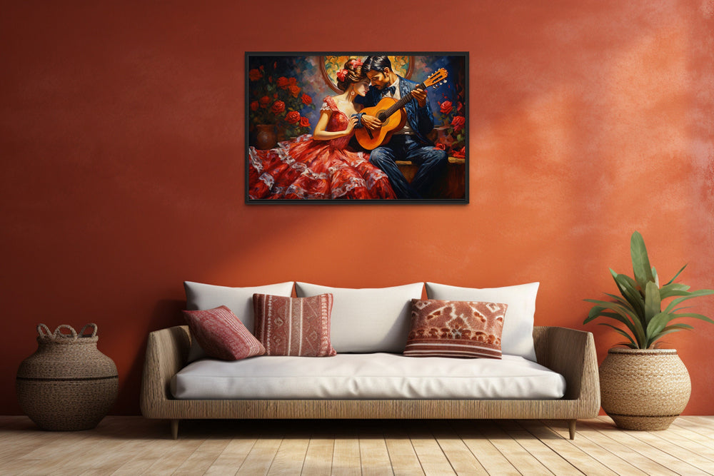 Romantic Couple With Guitar Traditional Mexican Framed Canvas Wall Art in mexican room