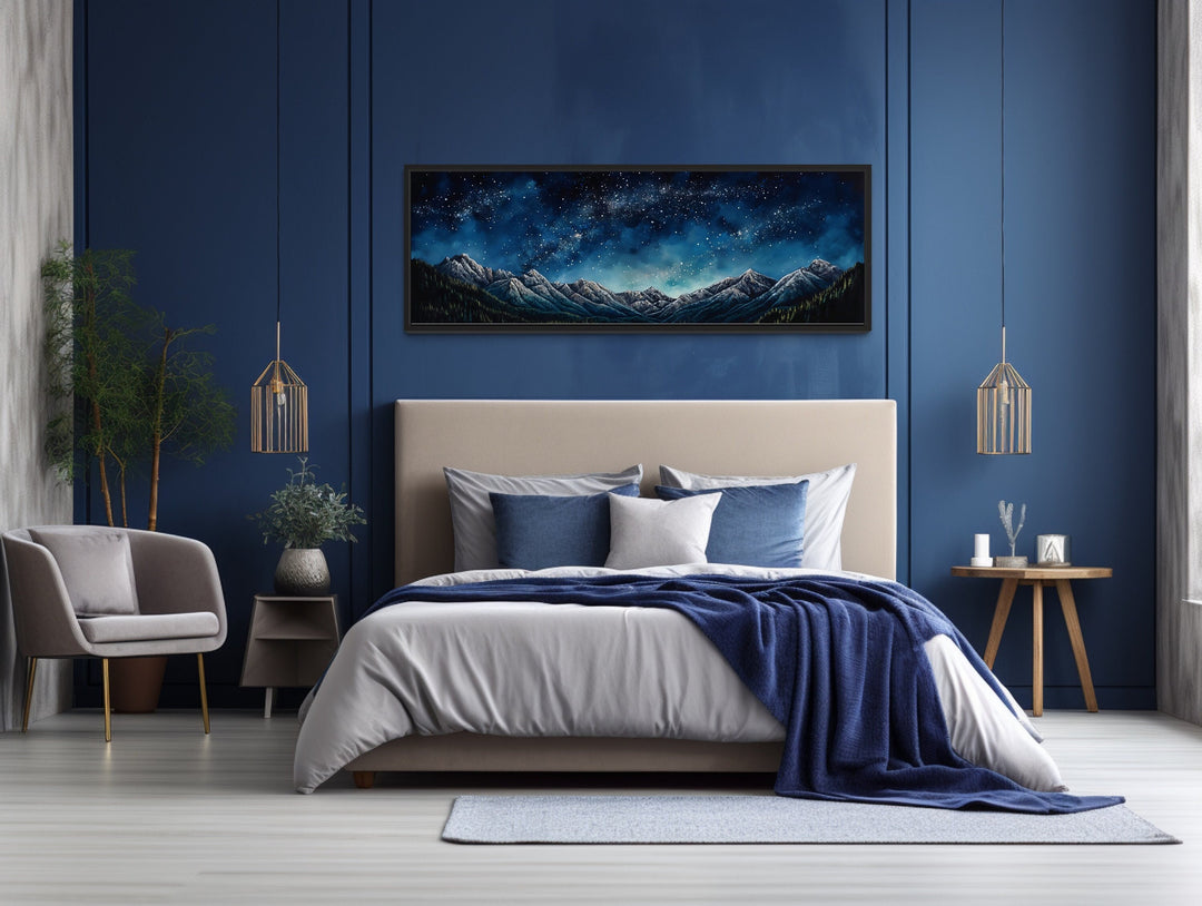 Navy Blue Starry Night Sky Over Mountains Horizontal Framed Canvas Wall Art