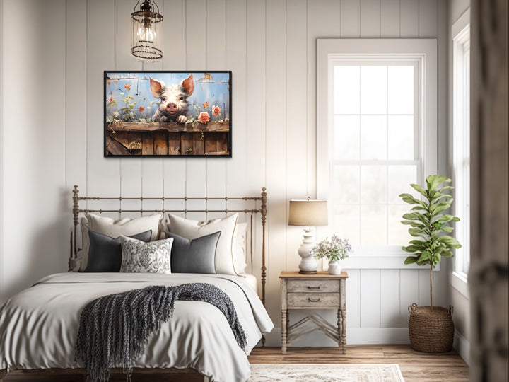 Farm Pig Rustic Painting Framed Canvas Wall Art in rustic bedroom