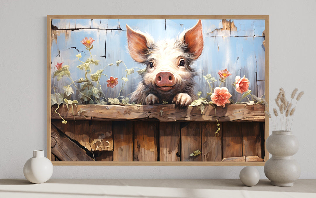 Farm Pig Rustic Painting Framed Canvas Wall Art close up