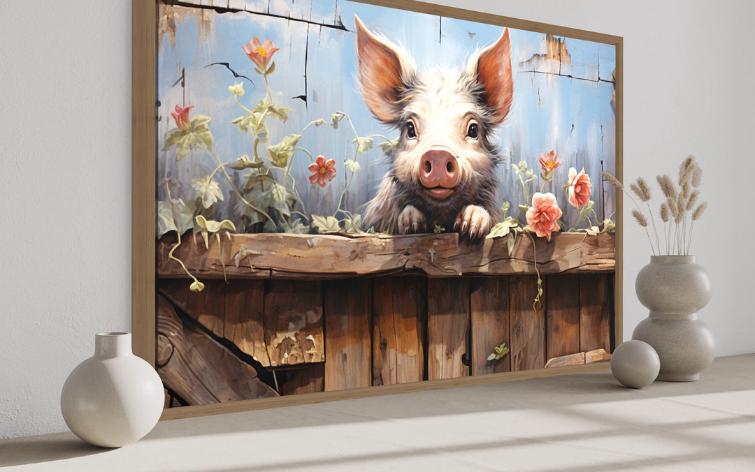 Farm Pig Rustic Painting Framed Canvas Wall Art side view