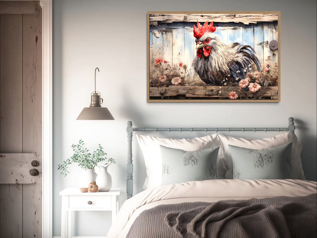 Cute Farm Rooster Rustic Farmhouse Wall Art above bed