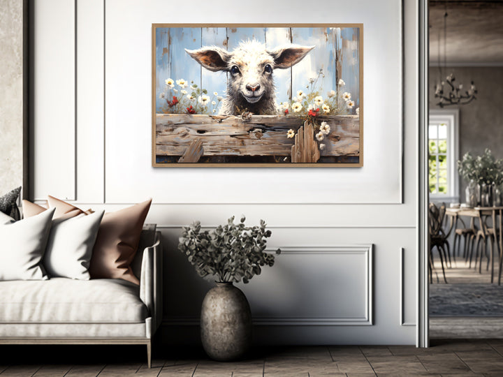 Cute Farm Sheep Rustic Painting on Wood Framed Canvas Wall Art