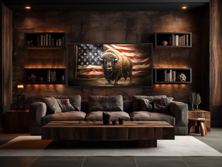 Bison And American Flag Southwestern Framed Canvas Wall Art in man cave