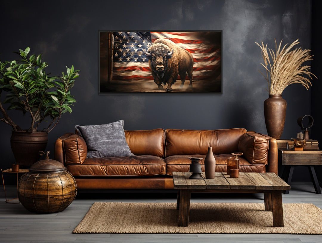 Bison And American Flag Southwestern Framed Canvas Wall Art