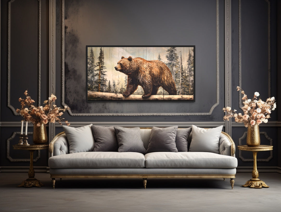 Grizzly Bear In Forest Painting On Wood Effect Canvas Wall Art in modern home