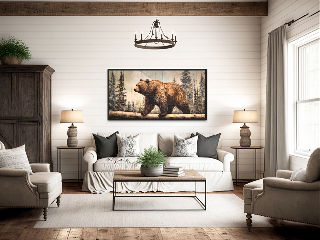 Grizzly Bear In Forest Painting On Wood Effect Canvas Wall Art above rustic couch