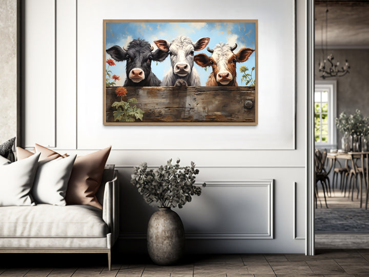 Three Cute Cows Looking Through Wooden Fence Farmhouse Wall Art