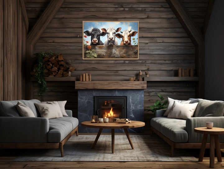 Three Cute Cows Looking Through Wooden Fence Farmhouse Wall Art above fireplace