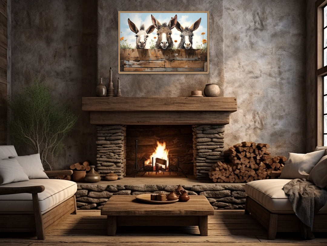 Three Funny Donkeys Looking Through Wooden Fence Farmhouse Wall Art above fireplace