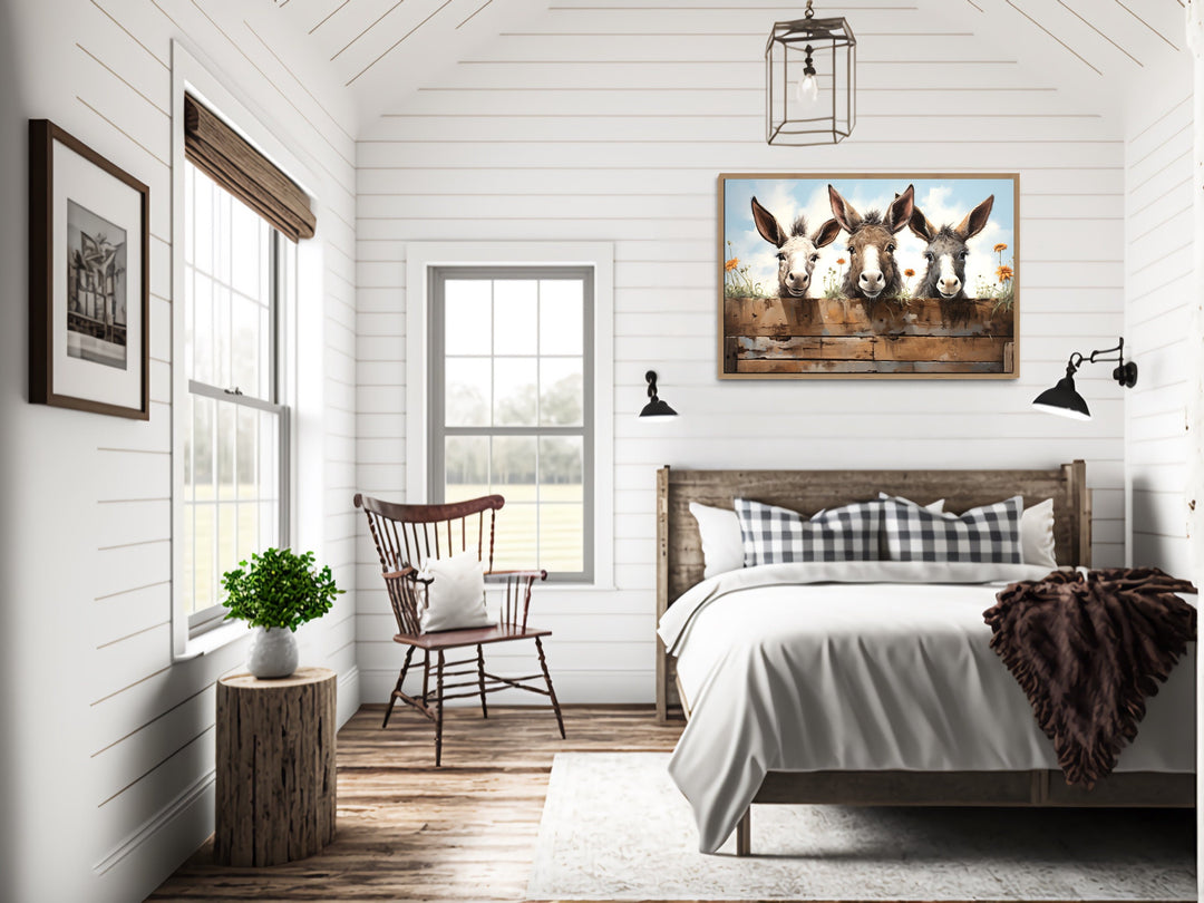 Three Funny Donkeys Looking Through Wooden Fence Farmhouse Wall Art in rustic bedroom