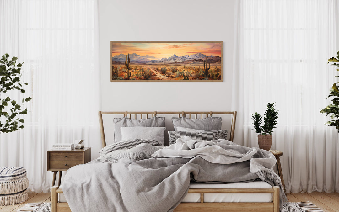 Arizona Desert Landscape At Sunset Southwestern Wall Art above wooden bed