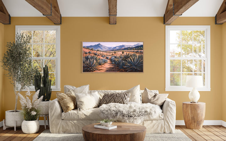 Arizona Desert Landscape With Agave Plants Wall Art above beige couch