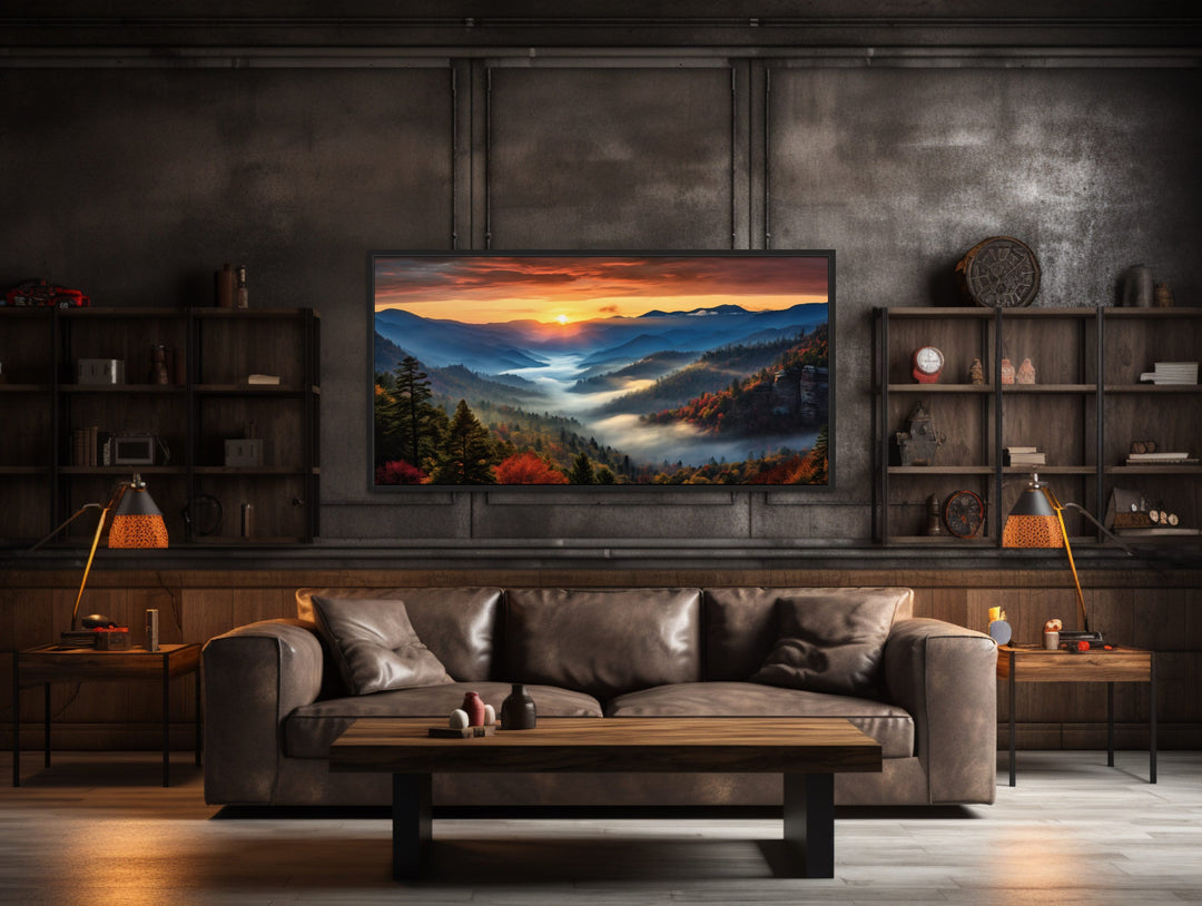 Great Smokey Mountains Sunset Framed Canvas Wall Art in man cave