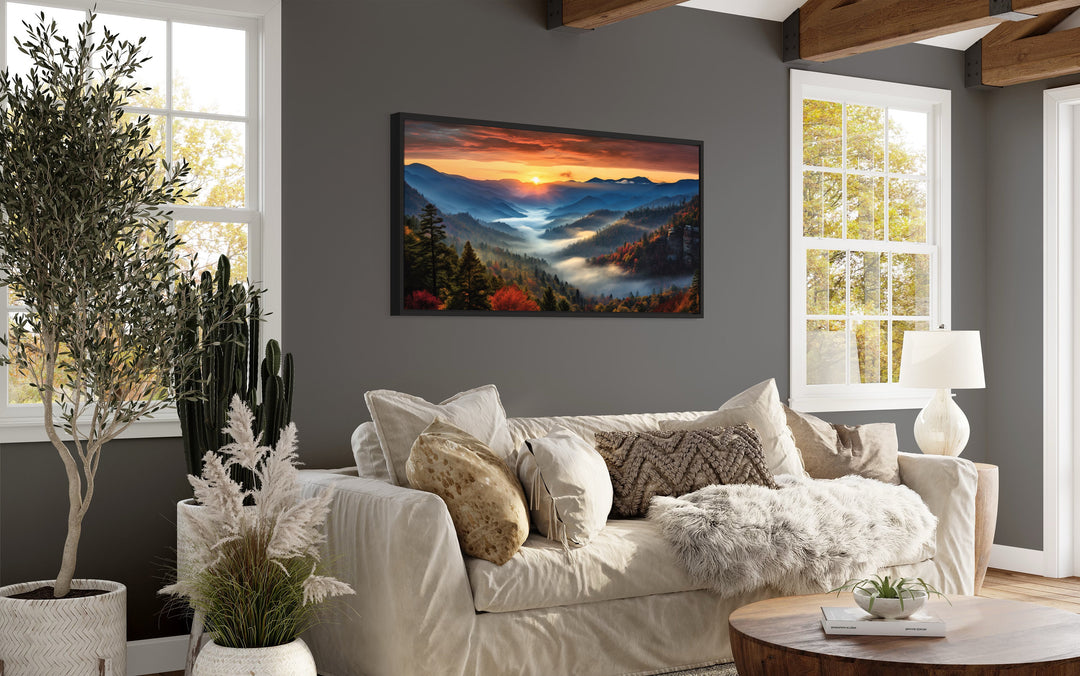 Great Smokey Mountains Sunset Framed Canvas Wall Art above couch