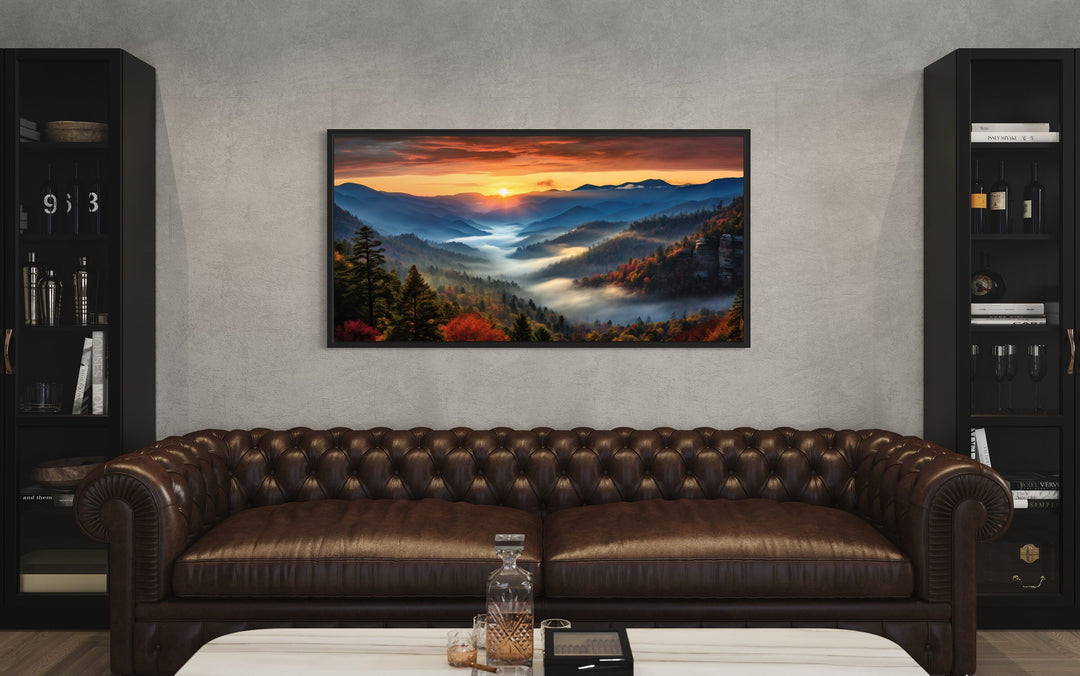 Great Smokey Mountains Sunset Framed Canvas Wall Art in living room