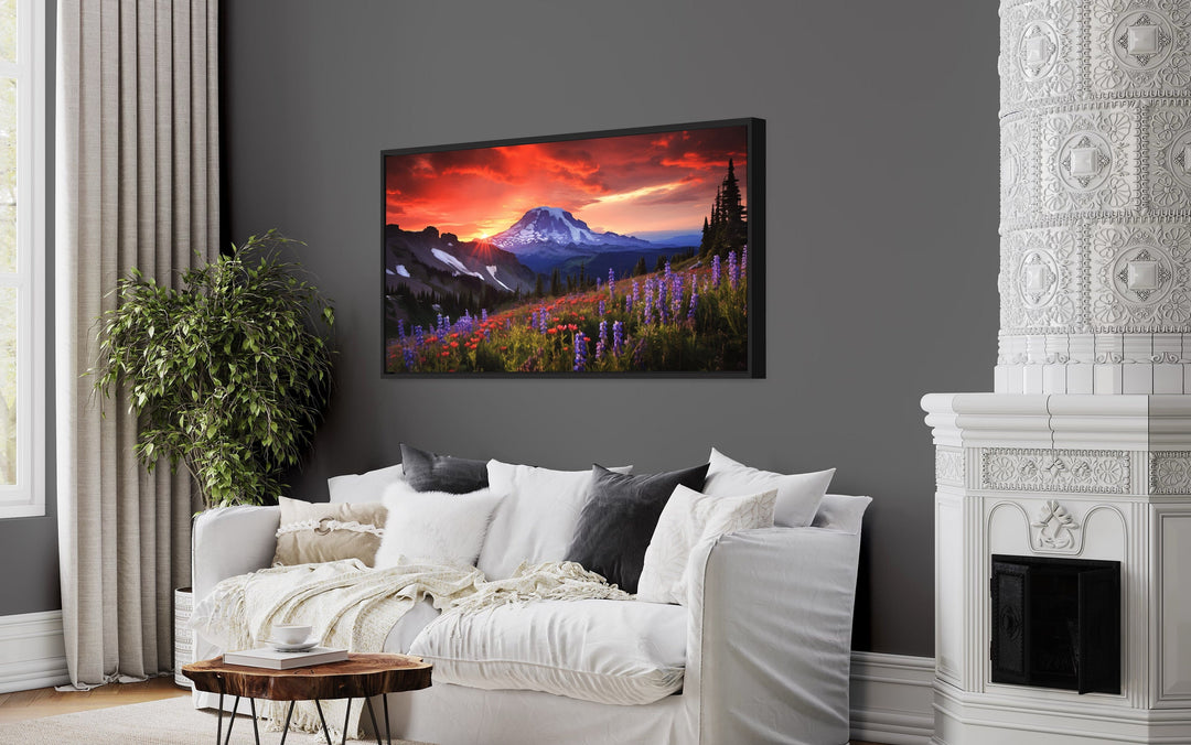 Mount Rainier Wildflowers Landscape Sunset Wall Art in living room