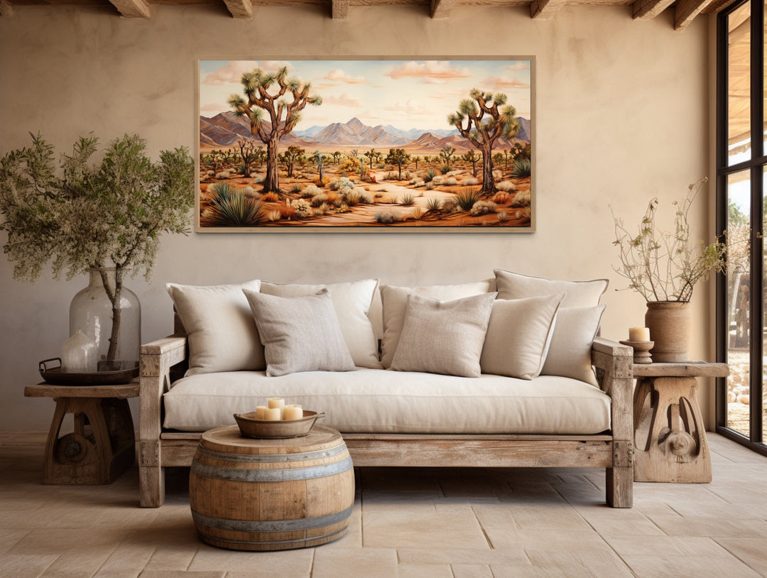 Joshua Trees Forest Framed Canvas Wall Art in rustic room